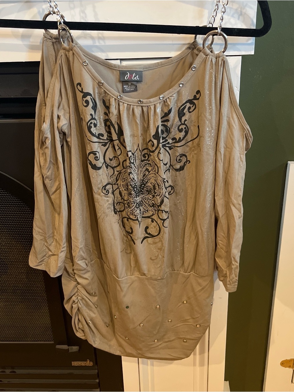 Dots Tan Cold-Shoulder Studded Tunic with Scroll Print
